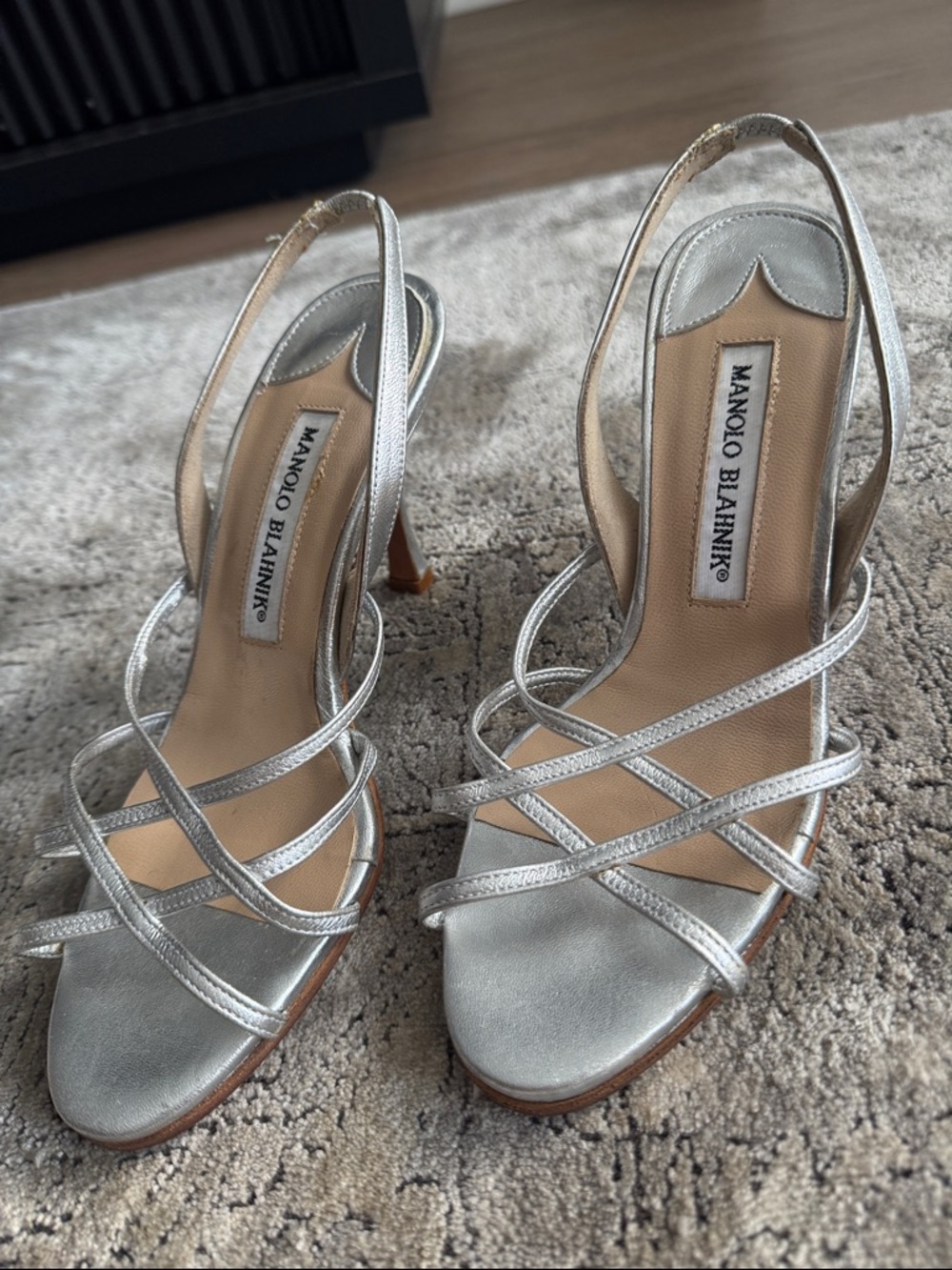 Manolo Blahnik Metallic Silver Strappy Slingback Heels